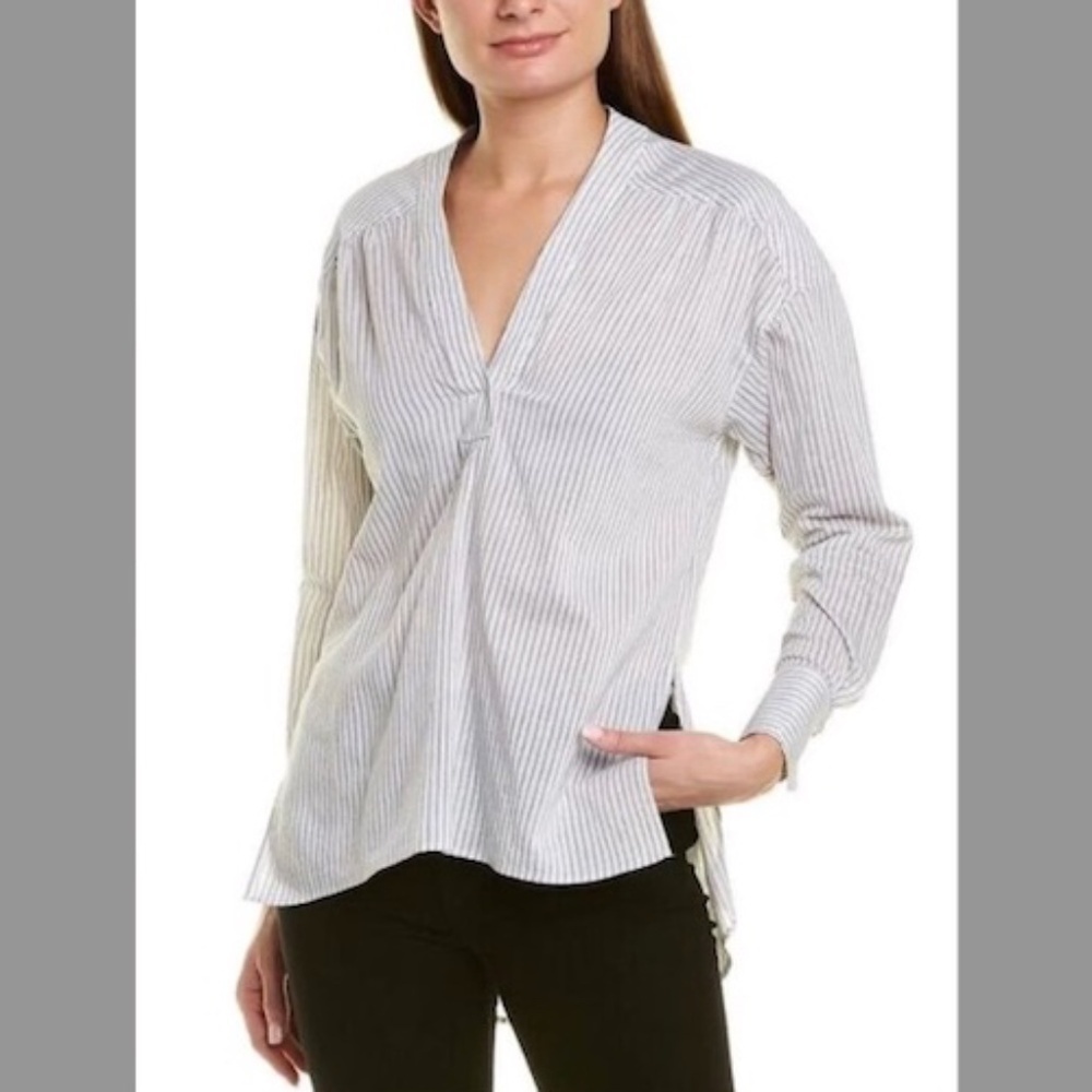 A.L.C. Silk & Cotton Blend Striped Blouse in White and Charcoal Size 2